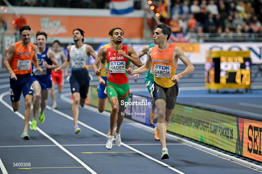 22 March 2026; Mariano García of Spain celebrates after winning in the Men's 1500m final during day three of the World Athletics Indoor Championships at Kujawsko-Pomorska Arena in Torun, Poland. Photo by Sam Barnes/Sportsfile