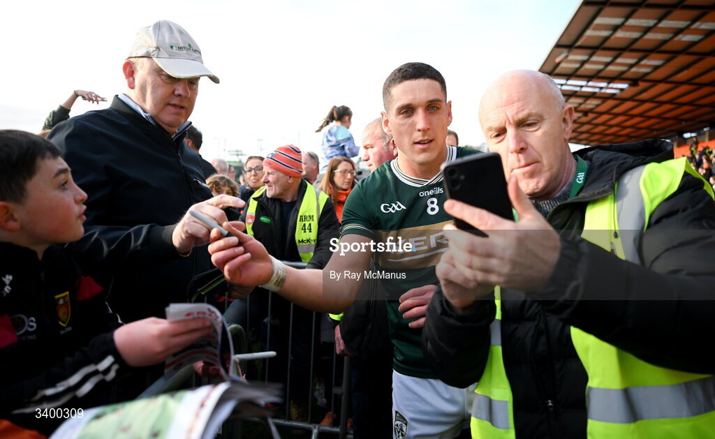22 March 2026; Joe O'Connor of Kerry poses for a selfie after signing autographs for young supporters after the Allianz Football League Division 1 match between Armagh and Kerry at BOX-IT Athletic Grounds in Armagh. Photo by Ray McManus/Sportsfile