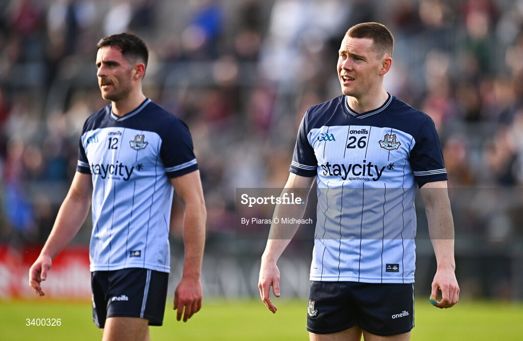 22 March 2026; Dublin players Con O'Callaghan, right, and Niall Scully after the Allianz Football League Division 1 match between Galway and Dublin at Pearse Stadium in Galway. Photo by Piaras Ó Mídheach/Sportsfile