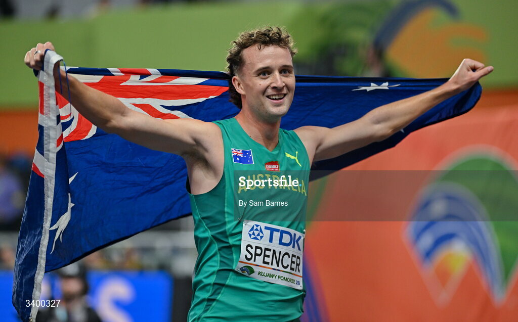 22 March 2026; Adam Spencer of Australia celebrates after finishing third in the Men's 1500m final during day three of the World Athletics Indoor Championships at Kujawsko-Pomorska Arena in Torun, Poland. Photo by Sam Barnes/Sportsfile