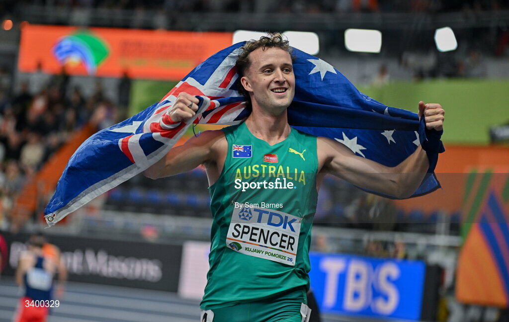 22 March 2026; Adam Spencer of Australia celebrates after finishing third in the Men's 1500m final during day three of the World Athletics Indoor Championships at Kujawsko-Pomorska Arena in Torun, Poland. Photo by Sam Barnes/Sportsfile