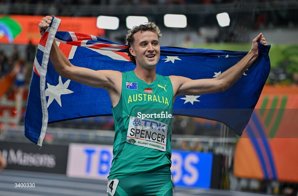 22 March 2026; Adam Spencer of Australia celebrates after finishing third in the Men's 1500m final during day three of the World Athletics Indoor Championships at Kujawsko-Pomorska Arena in Torun, Poland. Photo by Sam Barnes/Sportsfile