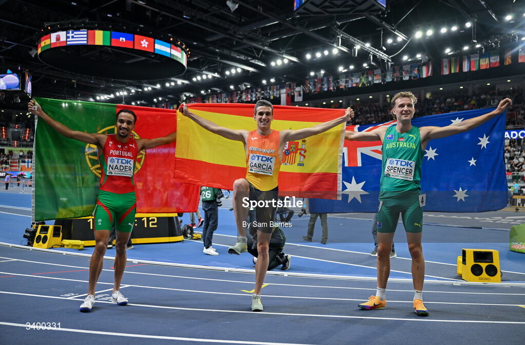 22 March 2026; Men's 1500m medallists, from left, second place Isaac Nader of Portugal, winner Mariano García of Spain and third place Adam Spencer of Australia during day three of the World Athletics Indoor Championships at Kujawsko-Pomorska Arena in Torun, Poland. Photo by Sam Barnes/Sportsfile