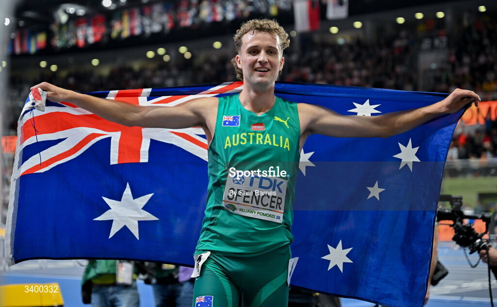 22 March 2026; Adam Spencer of Australia celebrates after finishing third in the Men's 1500m final during day three of the World Athletics Indoor Championships at Kujawsko-Pomorska Arena in Torun, Poland. Photo by Sam Barnes/Sportsfile