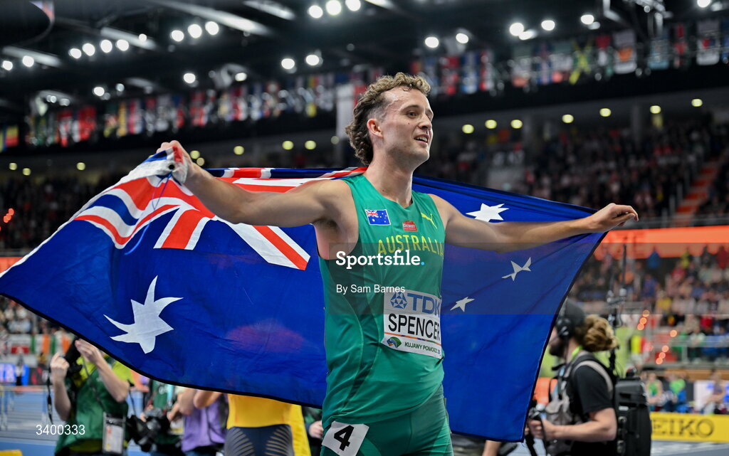 22 March 2026; Adam Spencer of Australia celebrates after finishing third in the Men's 1500m final during day three of the World Athletics Indoor Championships at Kujawsko-Pomorska Arena in Torun, Poland. Photo by Sam Barnes/Sportsfile