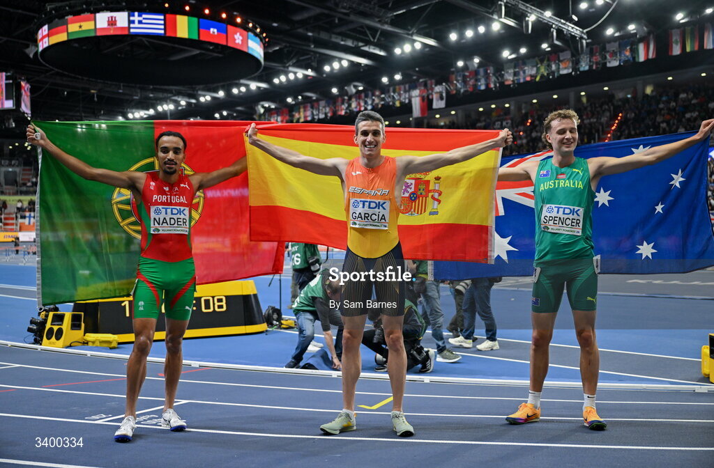 22 March 2026; Men's 1500m medallists, from left, second place Isaac Nader of Portugal, winner Mariano García of Spain and third place Adam Spencer of Australia during day three of the World Athletics Indoor Championships at Kujawsko-Pomorska Arena in Torun, Poland. Photo by Sam Barnes/Sportsfile