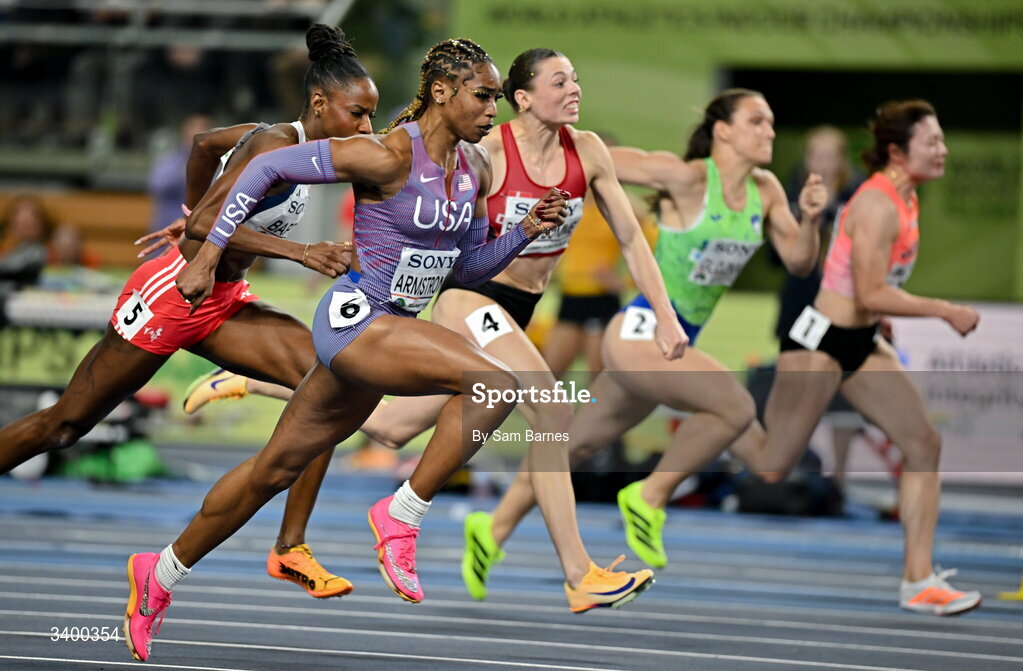 22 March 2026; Alia Armstrong of United States dips for the line to finish second in the Women's 60m hurdles semi-finals during day three of the World Athletics Indoor Championships at Kujawsko-Pomorska Arena in Torun, Poland. Photo by Sam Barnes/Sportsfile