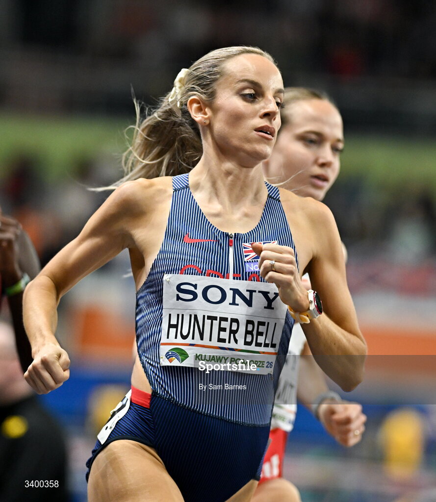 22 March 2026; Georgia Hunter Bell of Great Britain competes in Women's 1500m final during day three of the World Athletics Indoor Championships at Kujawsko-Pomorska Arena in Torun, Poland. Photo by Sam Barnes/Sportsfile