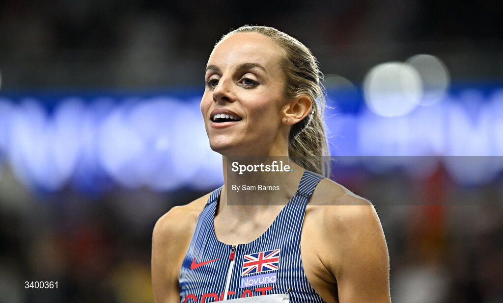 22 March 2026; Georgia Hunter Bell of Great Britain after winning the Women's 1500m final during day three of the World Athletics Indoor Championships at Kujawsko-Pomorska Arena in Torun, Poland. Photo by Sam Barnes/Sportsfile