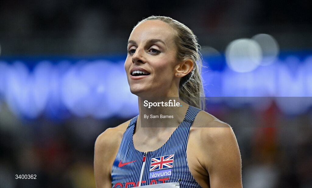 22 March 2026; Georgia Hunter Bell of Great Britain after winning the Women's 1500m final during day three of the World Athletics Indoor Championships at Kujawsko-Pomorska Arena in Torun, Poland. Photo by Sam Barnes/Sportsfile