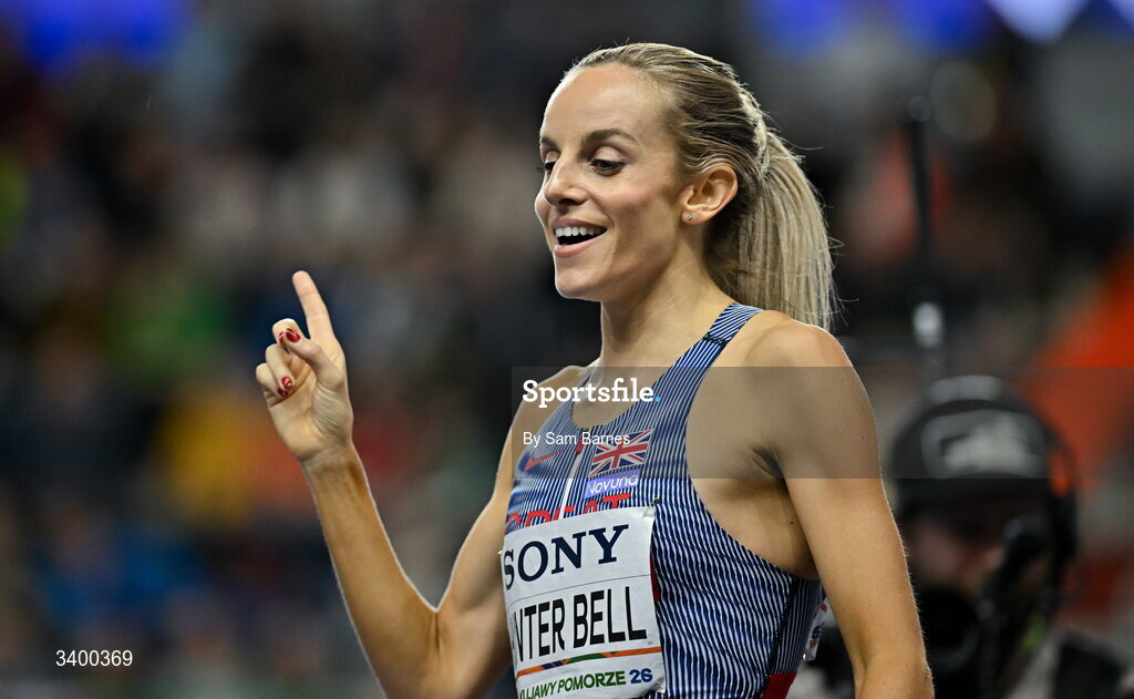 22 March 2026; Georgia Hunter Bell of Great Britain celebrates after winning the Women's 1500m final during day three of the World Athletics Indoor Championships at Kujawsko-Pomorska Arena in Torun, Poland. Photo by Sam Barnes/Sportsfile