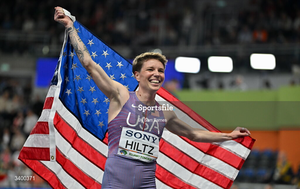 22 March 2026; Nikki Hiltz of United States after finishing third in the Women's 1500m final during day three of the World Athletics Indoor Championships at Kujawsko-Pomorska Arena in Torun, Poland. Photo by Sam Barnes/Sportsfile