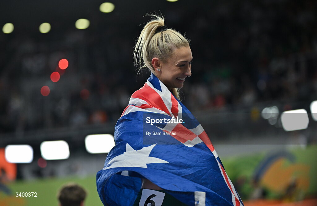 22 March 2026; Jessica Hull of Australia after finishing second place in the Women's 1500m final during day three of the World Athletics Indoor Championships at Kujawsko-Pomorska Arena in Torun, Poland. Photo by Sam Barnes/Sportsfile