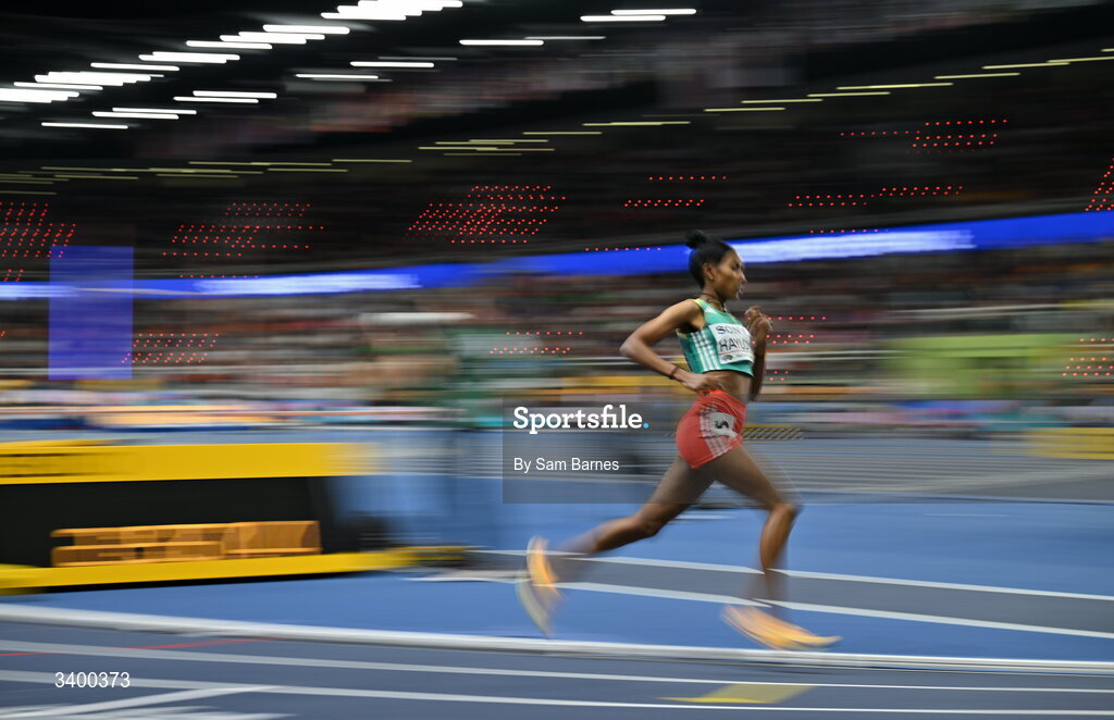 22 March 2026; Birke Haylom of Ethiopia competes in the Women's 1500m final during day three of the World Athletics Indoor Championships at Kujawsko-Pomorska Arena in Torun, Poland. Photo by Sam Barnes/Sportsfile