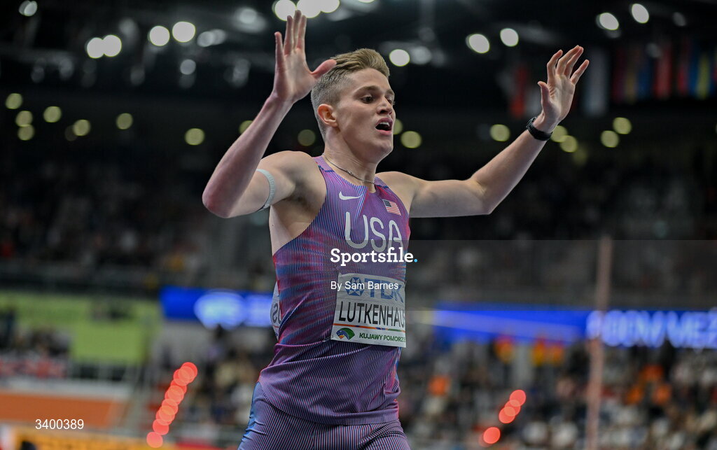 22 March 2026; Cooper Lutkenhaus of United States celebrates after winning the Men's 800m final during day three of the World Athletics Indoor Championships at Kujawsko-Pomorska Arena in Torun, Poland. Photo by Sam Barnes/Sportsfile