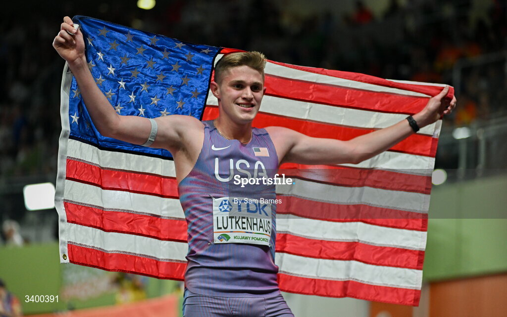 22 March 2026; Cooper Lutkenhaus of United States celebrates after winning the Men's 800m final during day three of the World Athletics Indoor Championships at Kujawsko-Pomorska Arena in Torun, Poland. Photo by Sam Barnes/Sportsfile