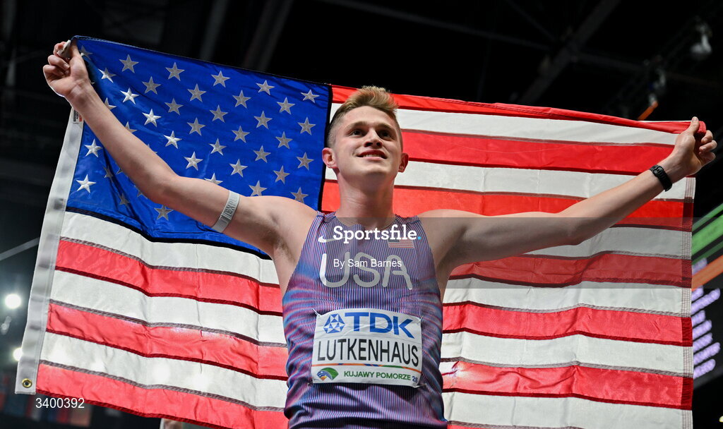 22 March 2026; Cooper Lutkenhaus of United States celebrates after winning the Men's 800m final during day three of the World Athletics Indoor Championships at Kujawsko-Pomorska Arena in Torun, Poland. Photo by Sam Barnes/Sportsfile