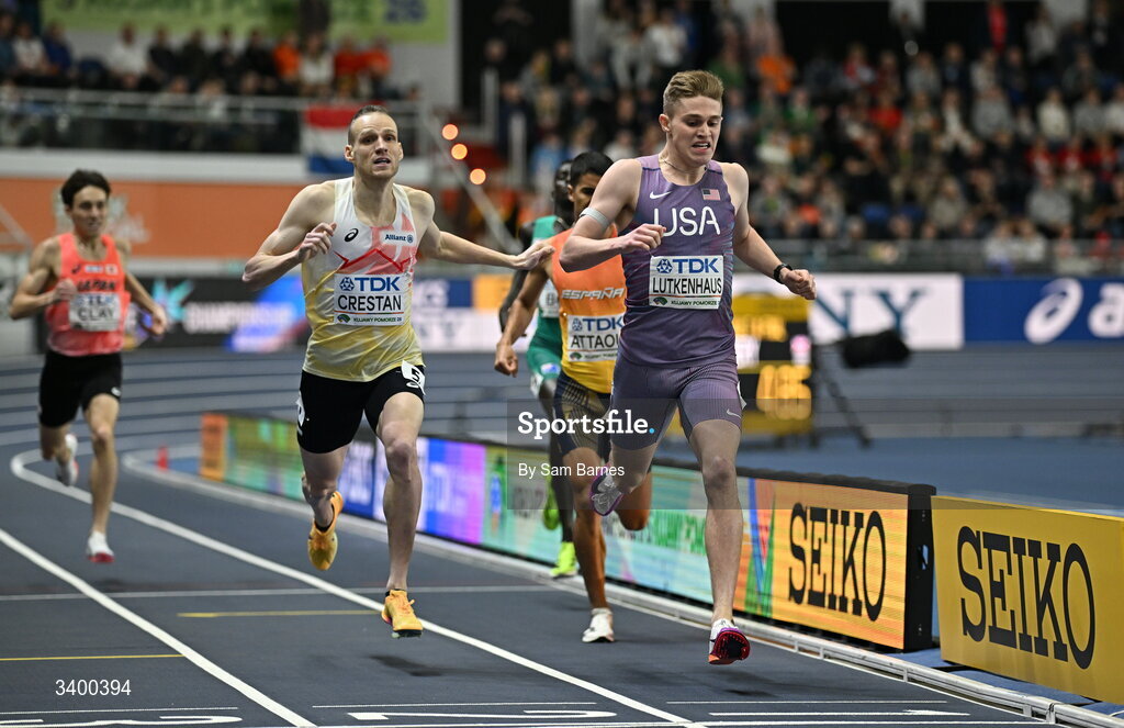 22 March 2026; Cooper Lutkenhaus of United States on his way to winning the Men's 800m final during day three of the World Athletics Indoor Championships at Kujawsko-Pomorska Arena in Torun, Poland. Photo by Sam Barnes/Sportsfile