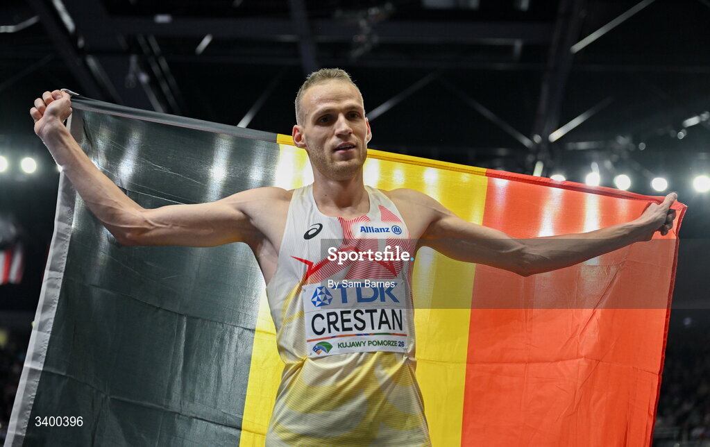 22 March 2026; Eliott Crestan of Belgium celebrates after finishing second in the Men's 800m final during day three of the World Athletics Indoor Championships at Kujawsko-Pomorska Arena in Torun, Poland. Photo by Sam Barnes/Sportsfile
