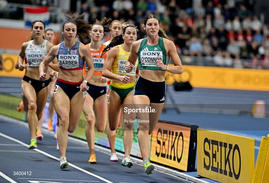 22 March 2026; Kate O'Connor of Ireland competes in the 800m event in the Women's Pentathlon during day three of the World Athletics Indoor Championships at Kujawsko-Pomorska Arena in Torun, Poland. Photo by Sam Barnes/Sportsfile