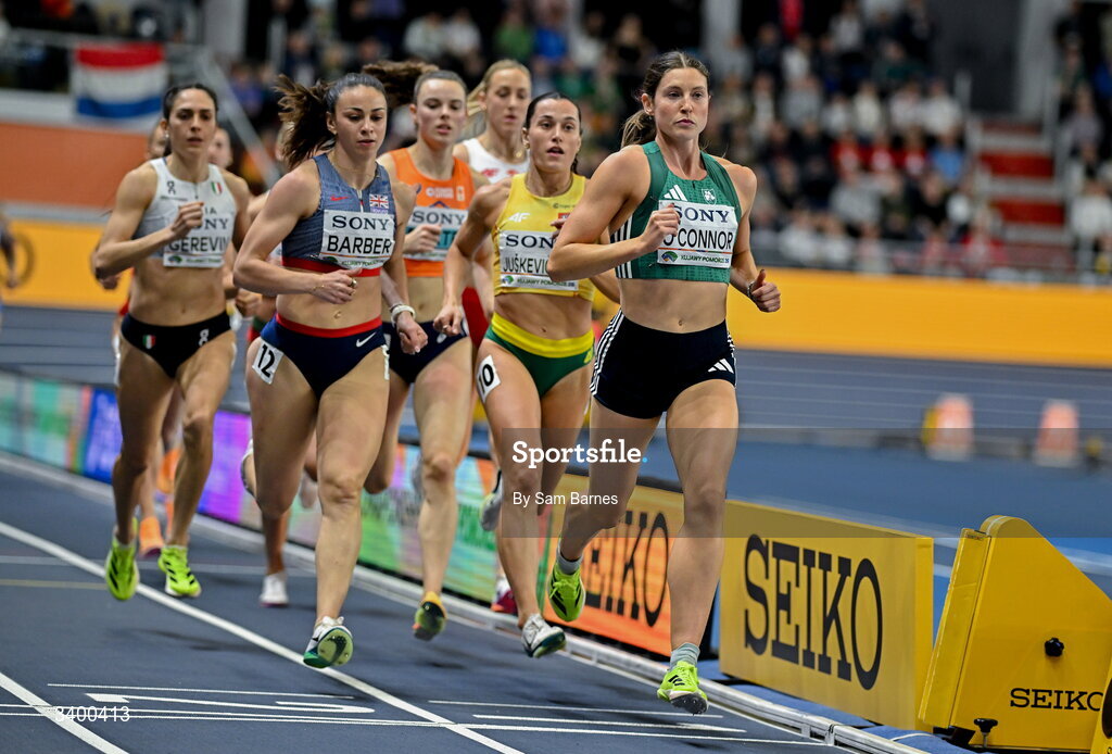 22 March 2026; Kate O'Connor of Ireland competes in the 800m event in the Women's Pentathlon during day three of the World Athletics Indoor Championships at Kujawsko-Pomorska Arena in Torun, Poland. Photo by Sam Barnes/Sportsfile