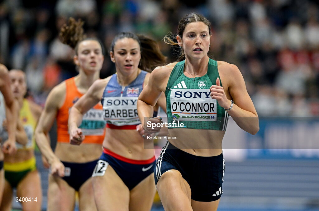 22 March 2026; Kate O'Connor of Ireland competes in the 800m event in the Women's Pentathlon during day three of the World Athletics Indoor Championships at Kujawsko-Pomorska Arena in Torun, Poland. Photo by Sam Barnes/Sportsfile