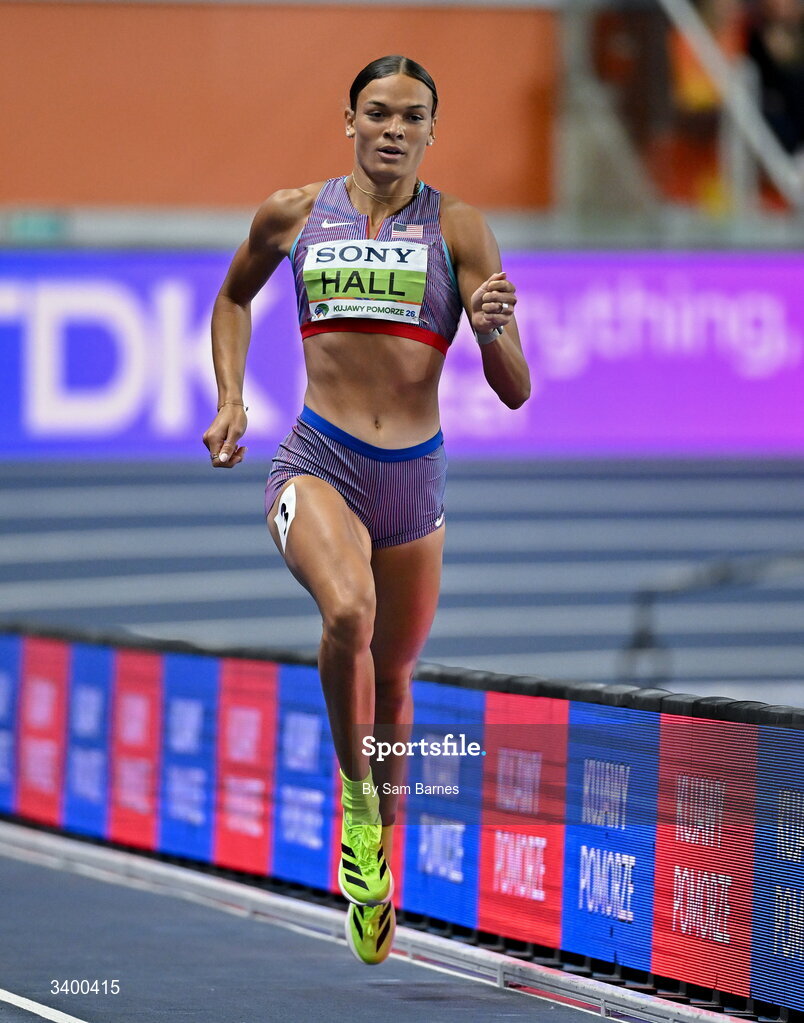 22 March 2026; Anna Hall of United States competes in the 800m event in the Women's Pentathlon during day three of the World Athletics Indoor Championships at Kujawsko-Pomorska Arena in Torun, Poland. Photo by Sam Barnes/Sportsfile