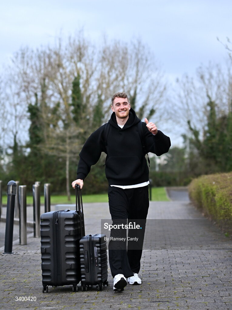 22 March 2026; Republic of Ireland's Mark Travers arrives at their team hotel ahead of their upcoming FIFA World Cup 2026 Playoff games. Photo by Ramsey Cardy/Sportsfile