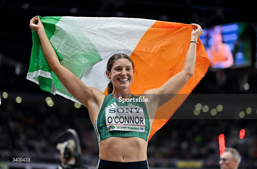 22 March 2026; Kate O'Connor of Ireland celebrates winning bronze in the Women's Pentathlon during day three of the World Athletics Indoor Championships at Kujawsko-Pomorska Arena in Torun, Poland. Photo by Sam Barnes/Sportsfile