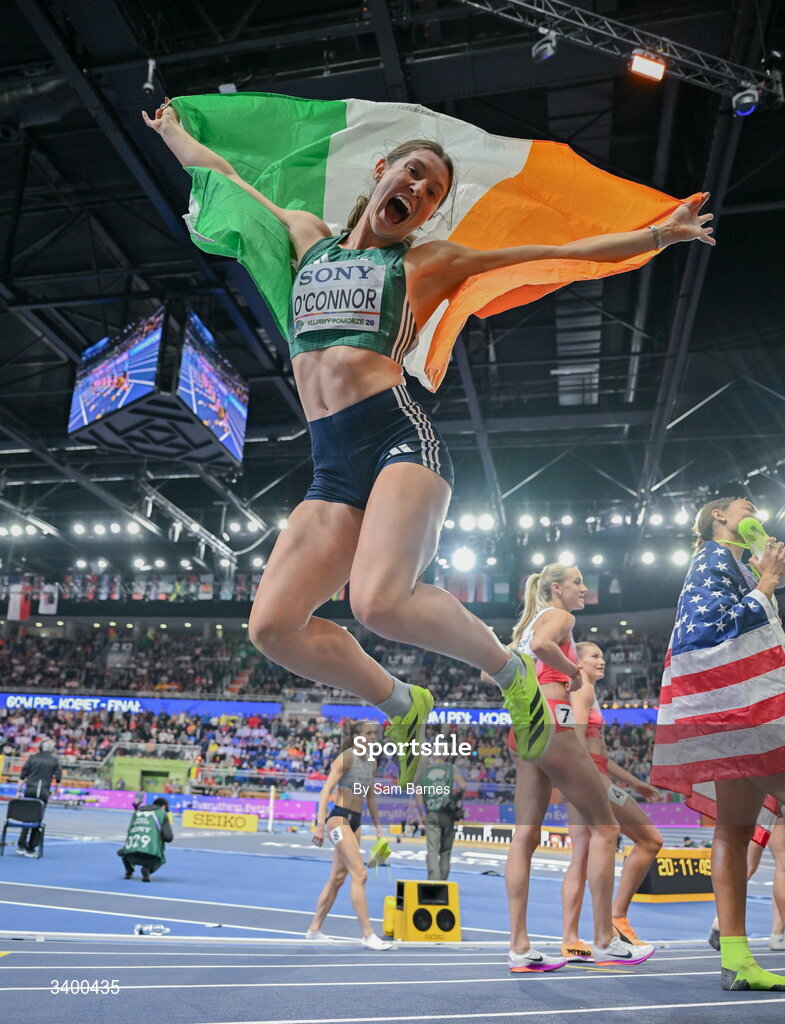 22 March 2026; Kate O'Connor of Ireland celebrates winning bronze in the Women's Pentathlon during day three of the World Athletics Indoor Championships at Kujawsko-Pomorska Arena in Torun, Poland. Photo by Sam Barnes/Sportsfile