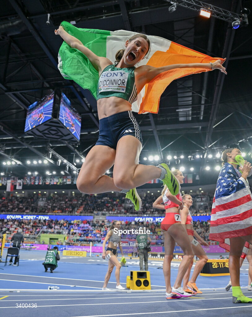 22 March 2026; Kate O'Connor of Ireland celebrates winning bronze in the Women's Pentathlon during day three of the World Athletics Indoor Championships at Kujawsko-Pomorska Arena in Torun, Poland. Photo by Sam Barnes/Sportsfile