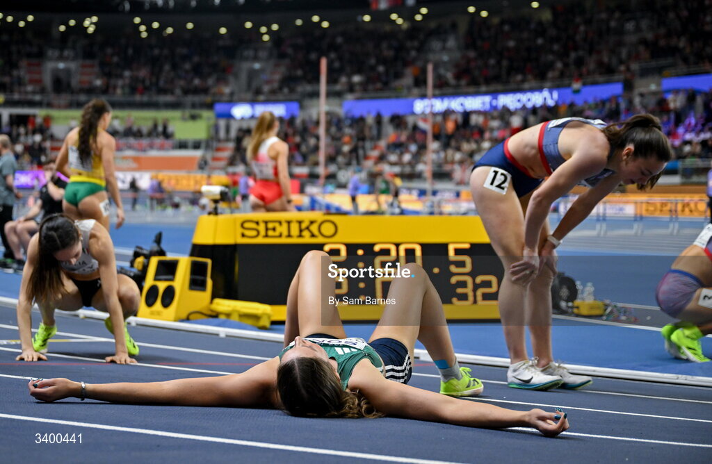 22 March 2026; Kate O'Connor of Ireland reacts after competing in the Women's 800m event in the Women's Pentathlon during day three of the World Athletics Indoor Championships at Kujawsko-Pomorska Arena in Torun, Poland. Photo by Sam Barnes/Sportsfile