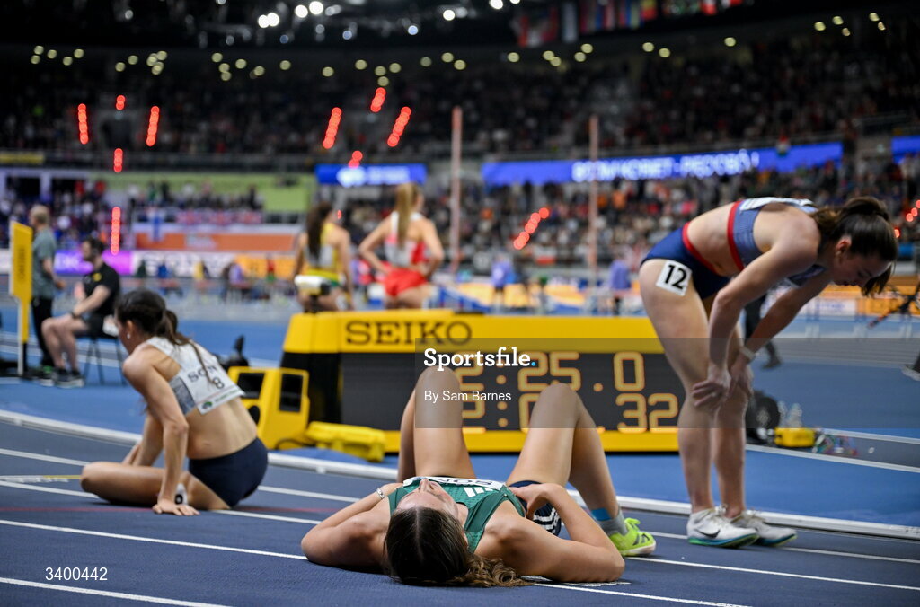22 March 2026; Kate O'Connor of Ireland reacts after competing in the Women's 800m event in the Women's Pentathlon during day three of the World Athletics Indoor Championships at Kujawsko-Pomorska Arena in Torun, Poland. Photo by Sam Barnes/Sportsfile