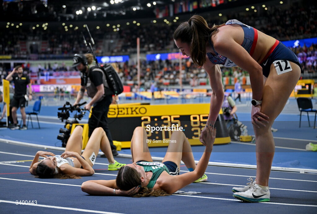 22 March 2026; Kate O'Connor of Ireland reacts after competing in the Women's 800m event in the Women's Pentathlon during day three of the World Athletics Indoor Championships at Kujawsko-Pomorska Arena in Torun, Poland. Photo by Sam Barnes/Sportsfile