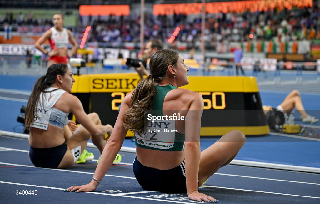 22 March 2026; Kate O'Connor of Ireland reacts after competing in the Women's 800m event in the Women's Pentathlon during day three of the World Athletics Indoor Championships at Kujawsko-Pomorska Arena in Torun, Poland. Photo by Sam Barnes/Sportsfile