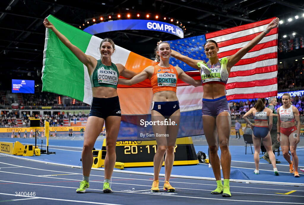 22 March 2026; Women's Pentathlon medallists, from left, third place Kate O'Connor of Ireland, first place Sofie Dokter of Netherlands and third place Anna Hall of United States during day three of the World Athletics Indoor Championships at Kujawsko-Pomorska Arena in Torun, Poland. Photo by Sam Barnes/Sportsfile