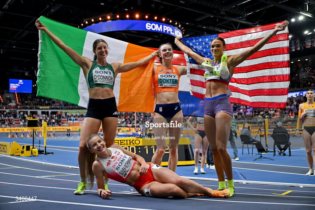22 March 2026; Women's Pentathlon medallists, from left, third place Kate O'Connor of Ireland, first place Sofie Dokter of Netherlands and third place Anna Hall of United States with fourth place Adrianna Sulek-Schubert of Poland during day three of the World Athletics Indoor Championships at Kujawsko-Pomorska Arena in Torun, Poland. Photo by Sam Barnes/Sportsfile