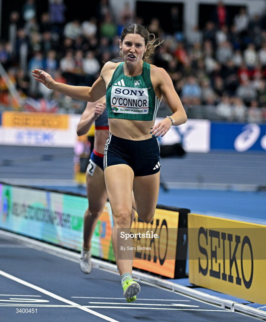 22 March 2026; Kate O'Connor of Ireland after finishing second in the 800m event in the Women's Pentathlon during day three of the World Athletics Indoor Championships at Kujawsko-Pomorska Arena in Torun, Poland. Photo by Sam Barnes/Sportsfile
