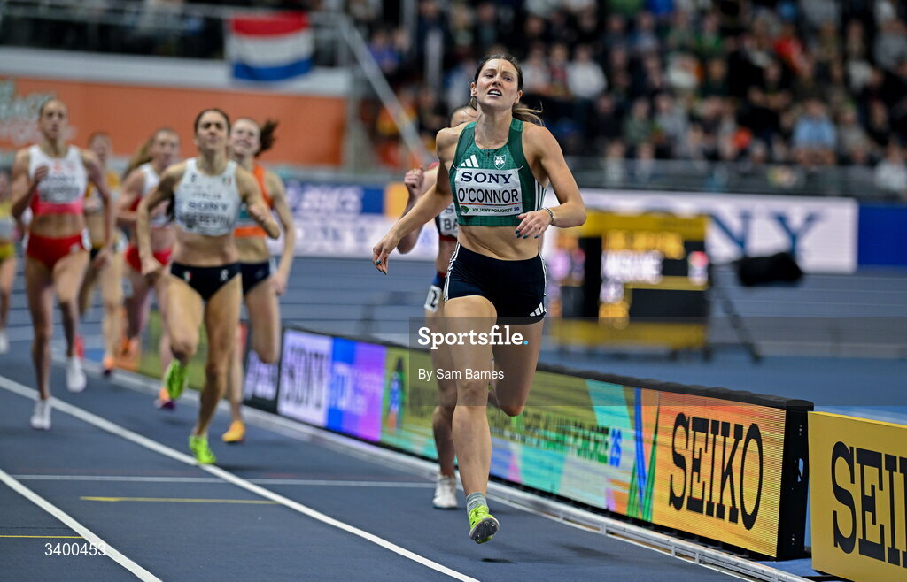 22 March 2026; Kate O'Connor of Ireland after finishing second in the 800m event in the Women's Pentathlon during day three of the World Athletics Indoor Championships at Kujawsko-Pomorska Arena in Torun, Poland. Photo by Sam Barnes/Sportsfile