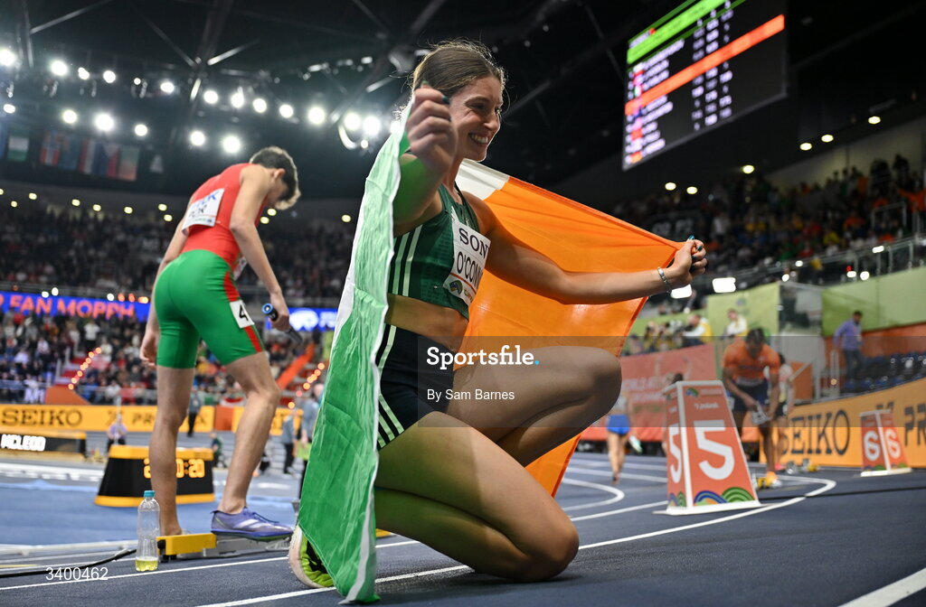 22 March 2026; Kate O'Connor of Ireland celebrates winning bronze in the Women's Pentathlon during day three of the World Athletics Indoor Championships at Kujawsko-Pomorska Arena in Torun, Poland. Photo by Sam Barnes/Sportsfile