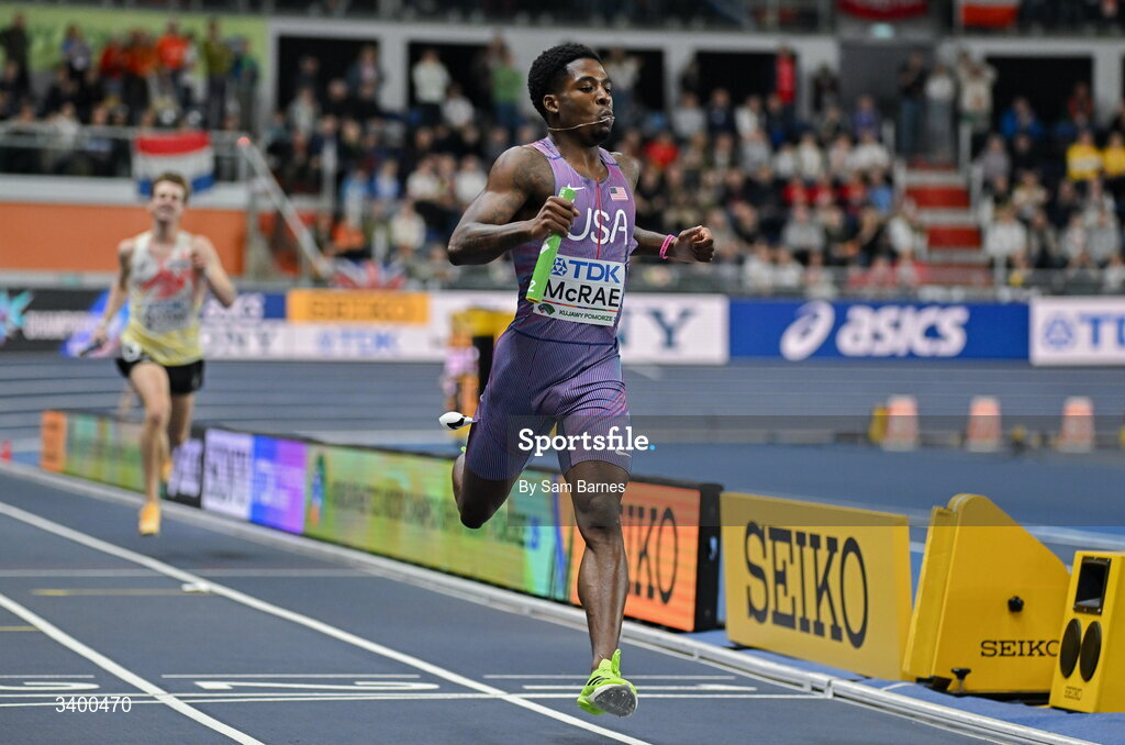22 March 2026; Khaleb McRae of United States after winning the Men's 4x400m Relay during day three of the World Athletics Indoor Championships at Kujawsko-Pomorska Arena in Torun, Poland. Photo by Sam Barnes/Sportsfile