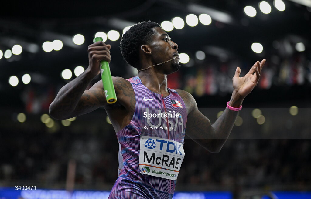 22 March 2026; Khaleb McRae of United States after winning the Men's 4x400m Relay during day three of the World Athletics Indoor Championships at Kujawsko-Pomorska Arena in Torun, Poland. Photo by Sam Barnes/Sportsfile