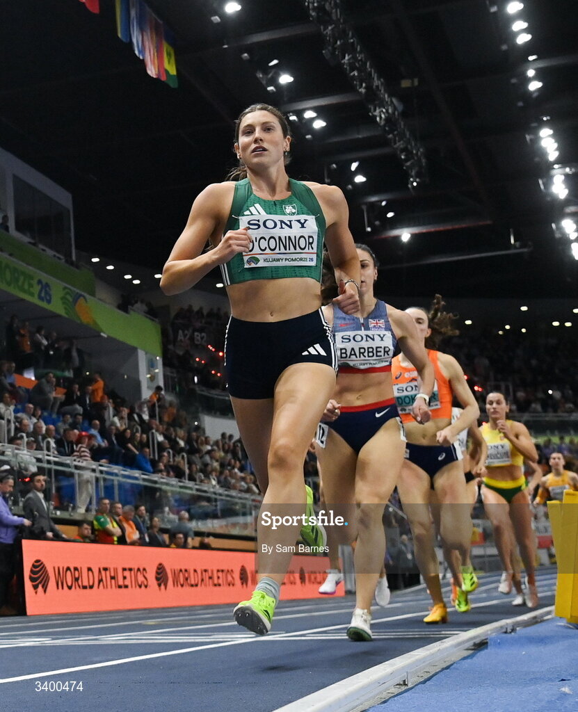 22 March 2026; Kate O'Connor of Ireland competes in the Women's 800m event in the Women's Pentathlon during day three of the World Athletics Indoor Championships at Kujawsko-Pomorska Arena in Torun, Poland. Photo by Sam Barnes/Sportsfile