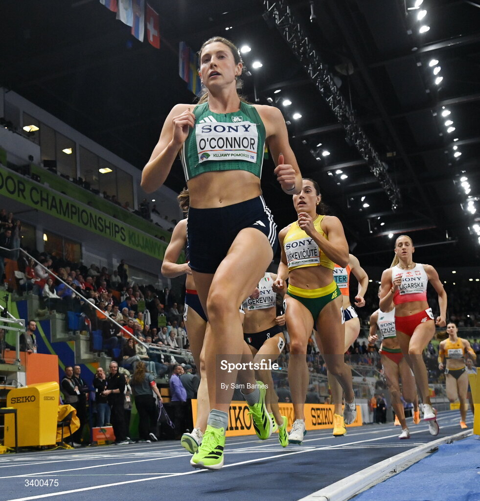 22 March 2026; Kate O'Connor of Ireland competes in the Women's 800m event in the Women's Pentathlon during day three of the World Athletics Indoor Championships at Kujawsko-Pomorska Arena in Torun, Poland. Photo by Sam Barnes/Sportsfile
