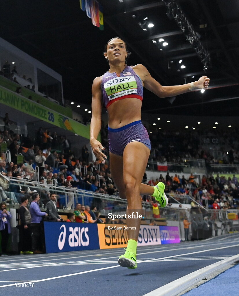 22 March 2026; Anna Hall of United States competes in the Women's 800m event in the Women's Pentathlon during day three of the World Athletics Indoor Championships at Kujawsko-Pomorska Arena in Torun, Poland. Photo by Sam Barnes/Sportsfile