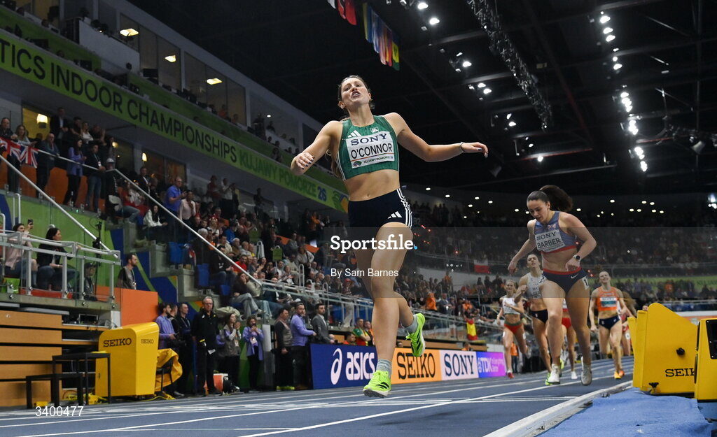 22 March 2026; Kate O'Connor of Ireland competes in the Women's 800m event in the Women's Pentathlon during day three of the World Athletics Indoor Championships at Kujawsko-Pomorska Arena in Torun, Poland. Photo by Sam Barnes/Sportsfile
