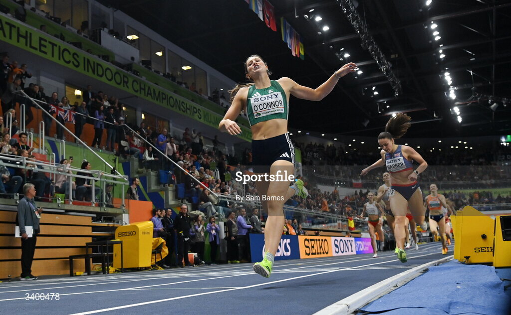 22 March 2026; Kate O'Connor of Ireland competes in the Women's 800m event in the Women's Pentathlon during day three of the World Athletics Indoor Championships at Kujawsko-Pomorska Arena in Torun, Poland. Photo by Sam Barnes/Sportsfile