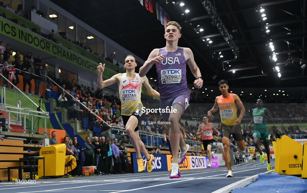 22 March 2026; Cooper Lutkenhaus of United States competes in the Men's 800m final during day three of the World Athletics Indoor Championships at Kujawsko-Pomorska Arena in Torun, Poland. Photo by Sam Barnes/Sportsfile