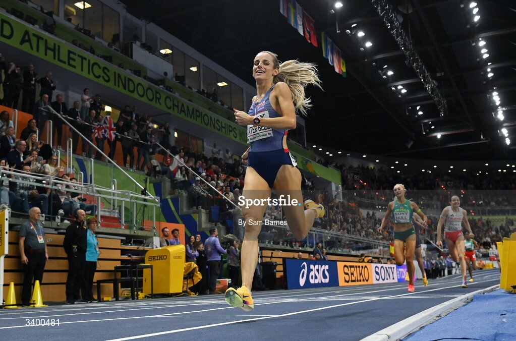 22 March 2026; Georgia Hunter Bell of Great Britain competes in the Women's 1500m final during day three of the World Athletics Indoor Championships at Kujawsko-Pomorska Arena in Torun, Poland. Photo by Sam Barnes/Sportsfile