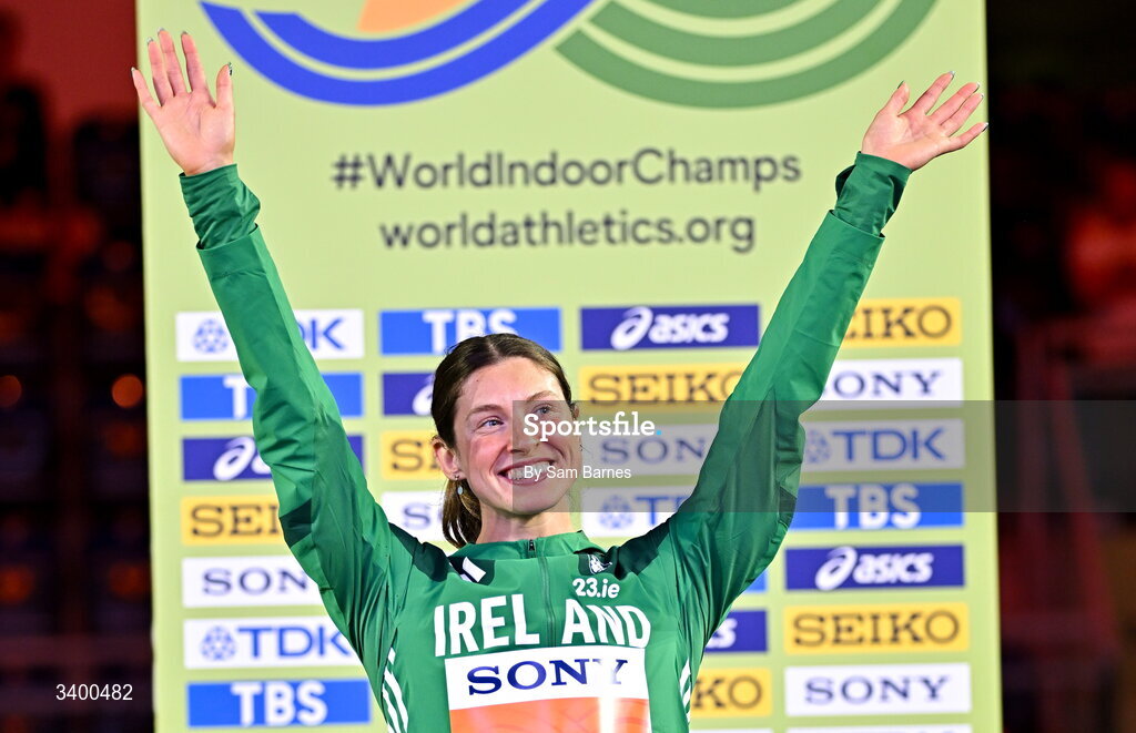 22 March 2026; Kate O'Connor of Ireland celebrates winning bronze in the Women's Pentathlon during day three of the World Athletics Indoor Championships at Kujawsko-Pomorska Arena in Torun, Poland. Photo by Sam Barnes/Sportsfile